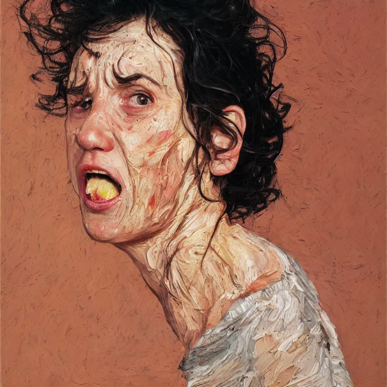 Prompt: warmly lit close up studio portrait of angry!! screaming! teenage Elaine Benes furious!, impasto oil painting thick brushstrokes by Lucian Freud and Cy Twombly and Tim Hawkinson , trending on artstation dramatic lighting Expressionism