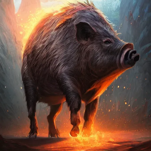 Image similar to Boar, Anthropomorphized, casting epic spell, magic the gathering artwork, D&D, fantasy, cinematic lighting, centered, symmetrical, highly detailed, digital painting, artstation, concept art, smooth, sharp focus, illustration, volumetric lighting, epic Composition, 8k, art by Akihiko Yoshida and Greg Rutkowski and Craig Mullins, heroic pose, oil painting, cgsociety, magic lab background