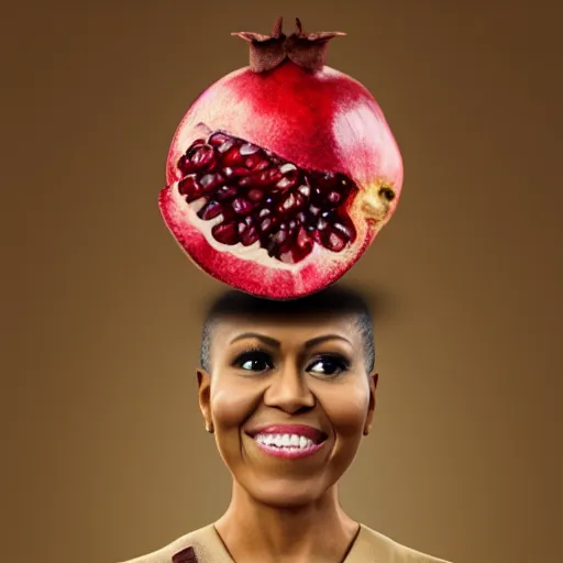 Image similar to photo of a pomegranate with michelle obama's face, standing tall, smiling softly, sharp detailed face, highly detailed, artstation, 8 k
