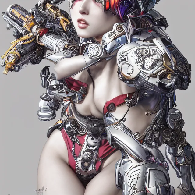Prompt: studio portrait of lawful good colorful female holy mecha paladin absurdly beautiful, elegant, young cute swimsuit model, ultrafine hyperrealistic detailed face illustration by kim jung gi, irakli nadar, intricate linework, sharp focus, bright colors, matte, octopath traveler, final fantasy, unreal engine highly rendered, global illumination, radiant light, intricate environment
