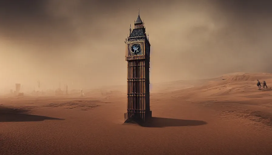 Prompt: london's big ben in mad max, tons of sand, sandstorm, sand dunes, hyperdetailed, artstation, cgsociety, 8 k