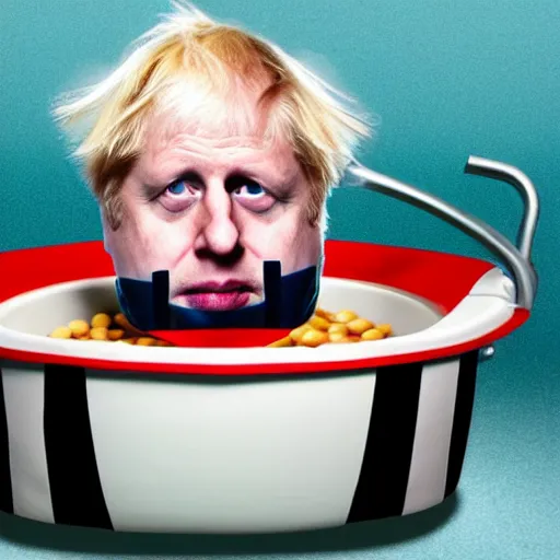 Prompt: Boris Johnson sitting a bathtub filled with baked beans, photo