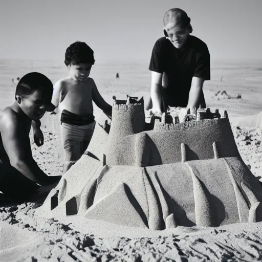 Image similar to A photo of tiny men constructing a sand castle