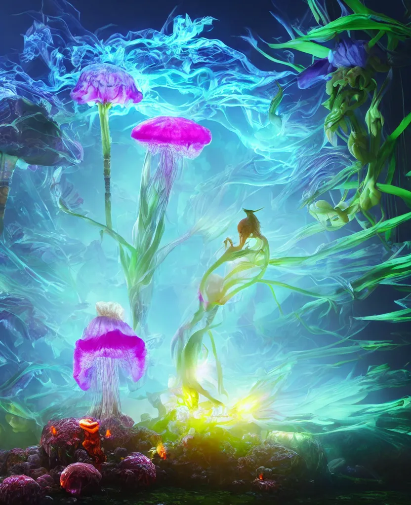 Prompt: 3 d giant orchid flower, giant gladiola and jellyfish face chakra phoenix bird in a giant mycelium fungus, translucent, bio luminescent, plasma, smoke and water energy flow, highly detailed, octane render, excellent composition