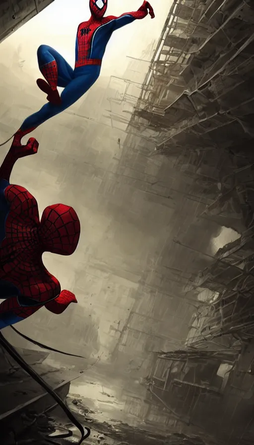 Prompt: beautiful illustration of spiderman fighting venom in a abandoned warehouse by guweiz and artgerm, cinematic lighting, epic composition, rule of thirds, golden ratio