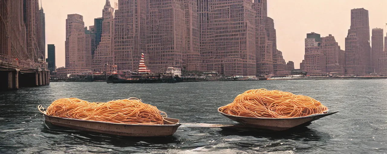 Image similar to a boat carrying spaghetti in new york, the statute of liberty in the background, canon 8 0 mm, photography, film, kodachrome