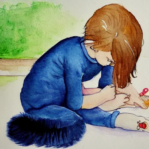 Image similar to a girl is lying on the bed and playing with her mobile phone, a ragdoll cat is lying on the side, watercolor painting