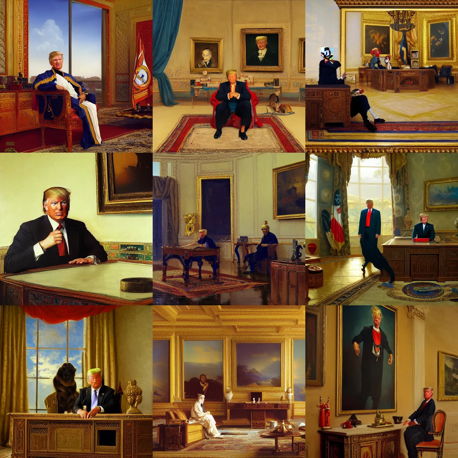 Prompt: orientalist painting of donald trump in the oval office by jean - leon gerome and otto pilny and adrien henri tanoux and giulio rosati. cinematic, hyper realism, dramatic lighting, high detail 8 k