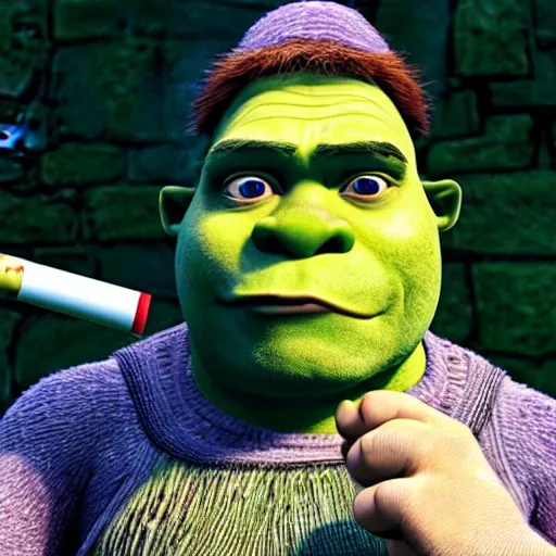 Prompt: shrek smoking a cigarette