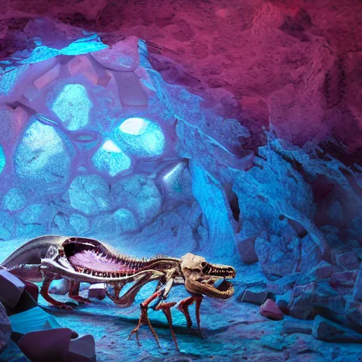 Prompt: photorealistic dinosaur skeleton inside a beautiful geode of colored crystals, volumetric lighting