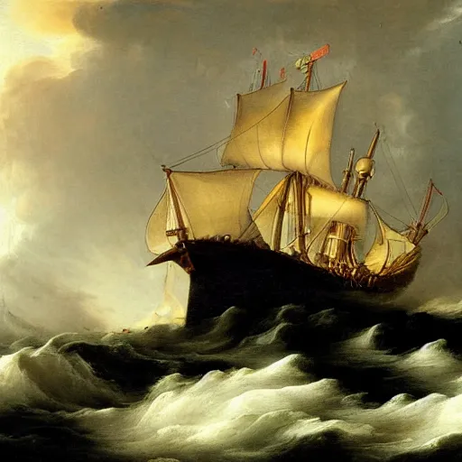 Prompt: a royal vessel in stormy seas and lightning