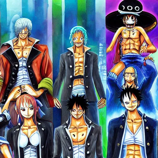 Image similar to the cast of one piece in cybernetic suits, oil painting,