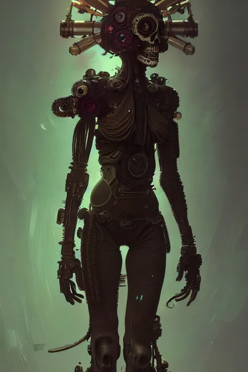 Prompt: ultra detailed female android ragamuffin, stray dog, scifi, fantasy, octane render, ( dia de los muertos ), asymmetrical, intricate concept art, art by godmachine and michael welan and dzo and greg rutkowski and alphonse mucha and loish and wlop