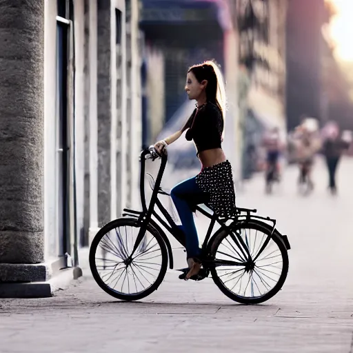 Image similar to a beautiful girl rides a bicycle on the street at dusk