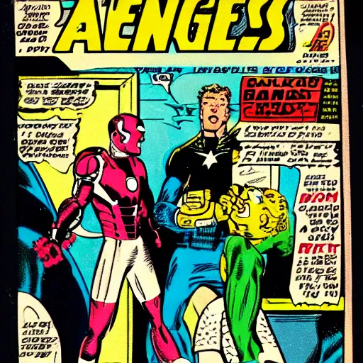 Image similar to avengers lost in backrooms, vintage comic