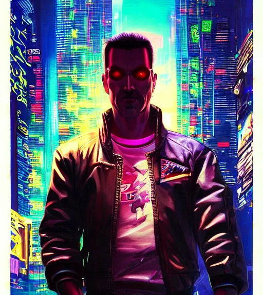 Prompt: a portrait of a cyberpunk person, Night City, cyberpunk 2077, very very coherent painting, 1979 OMNI Magazine Cover, street level neo-Tokyo in Cyberpunk 2077 style by Vincent Di Fate by mark arian by artgerm, 4k, 8k, HD, trending on artstation