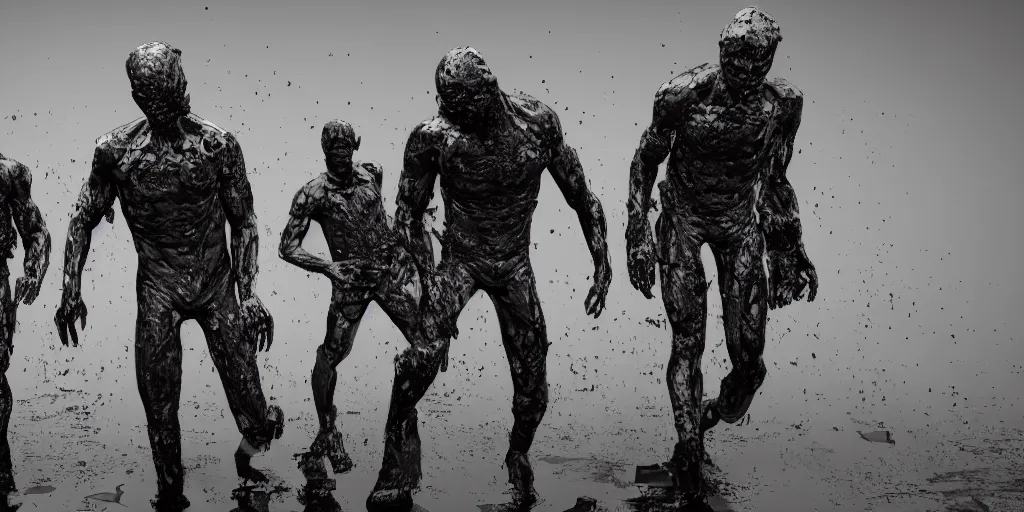 Prompt: figures covered in slick black oil, unreal engine render, ultrarealistic