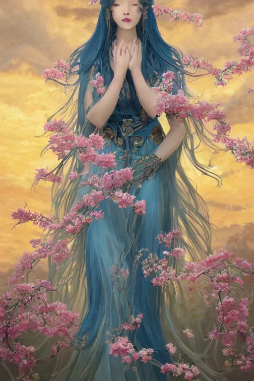 Prompt: breathtaking detailed painting by pilyeon and yuumei art, a full shot queen with long flowing bright blue hair, long dress and pastel flowers petals and golden tumultuous clouds, symmetrical facial features, at dawn in front of a pristine golden art nouveau cathedral, elegant, highly detailed, artstation, concept art, matte, sharp focus,