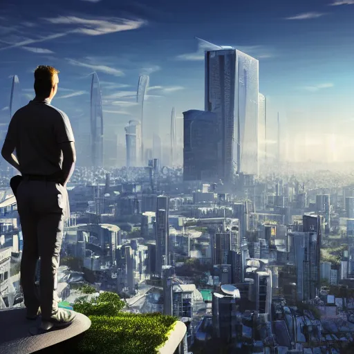 Prompt: man standing on the top of building overseeing the city skyline of a futuristic solarpunk city, 4 k - hd photo