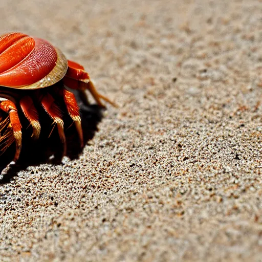 Image similar to Detailed 4k photo of a Hermit crab sporting a curly mustache, on the beach, afternoon