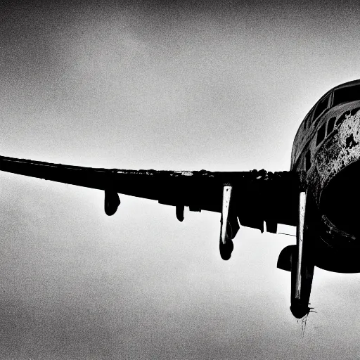 Prompt: black and white press photograph of a rusted abandoned business jet airplane, full view, detailed, natural light, mist, film grain, soft vignette, sigma 5 0 mm f / 1. 4 1 / 1 0 sec shutter, imax 7 0 mm footage