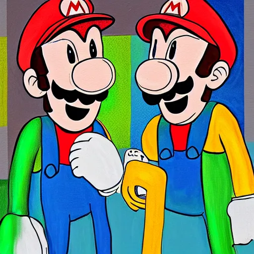 Prompt: a painting of mario and luigi in the style of stanley donwood