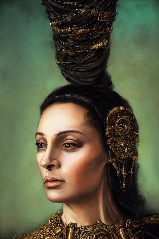 Prompt: portrait, headshot, digital painting, of a 17th century, beautiful, middle aged, middle eastern, wrinkles, decadent, cyborg noble woman, dark hair, amber jewels, baroque, ornate dark green opulent clothing, scifi, futuristic, realistic, hyperdetailed, concept art, chiaroscuro, dramatic backlighting, golden hour, autochrome, art by syd mead