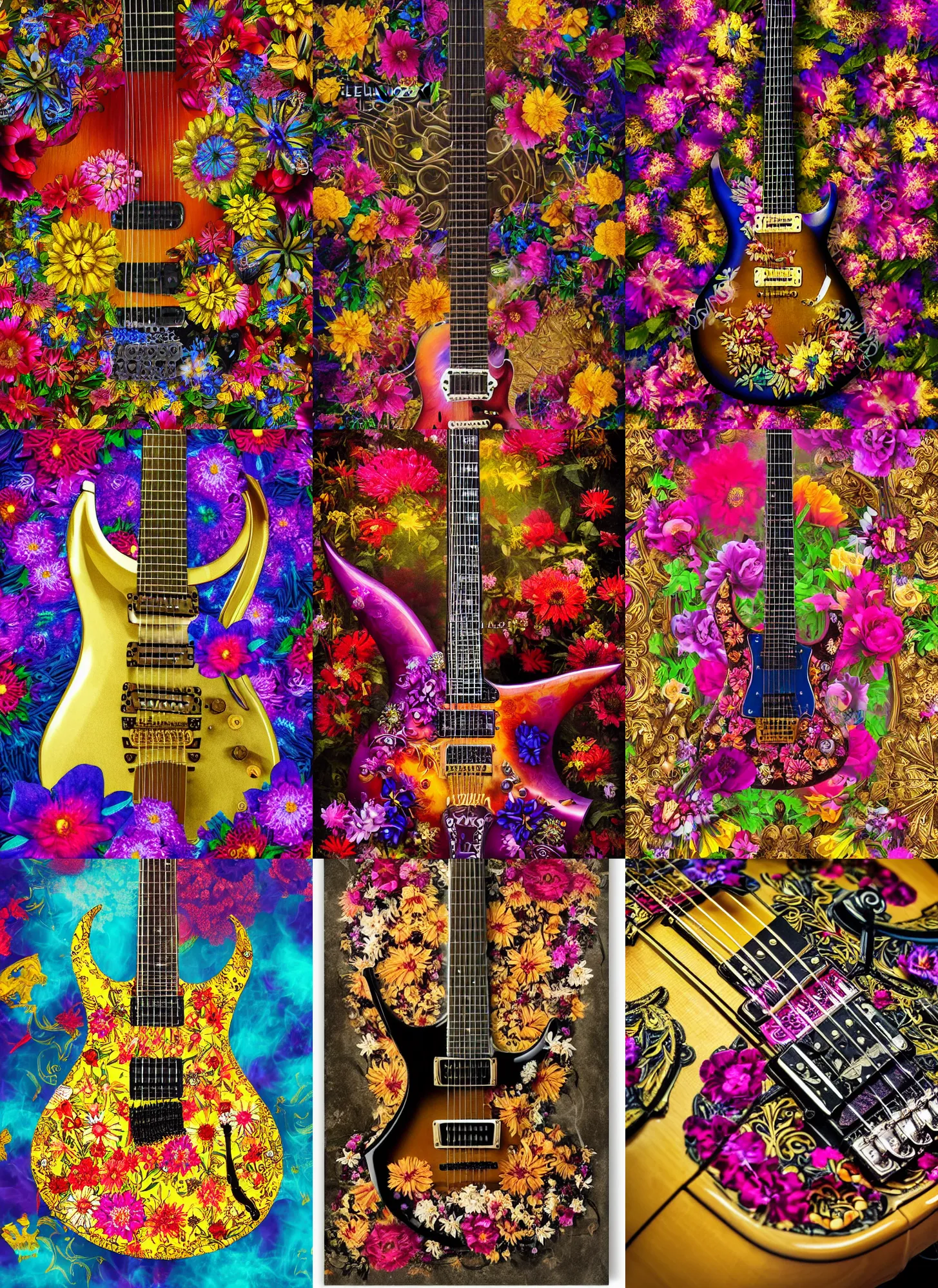 Prompt: high intricate detailed commercial photo of a ibanez electric guitar covered in colorful flowers and smoke, golden ratio, rule of thirds, flowerpunk, majestic, elegant, by lea leonowicz, by maks trofimov, by jenny brozek, by johannes wessmark