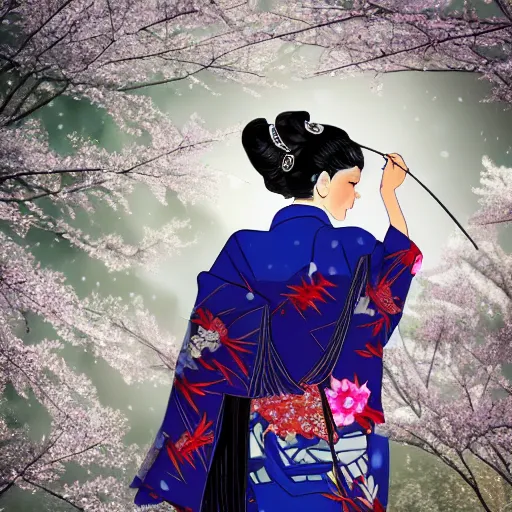 Image similar to a geisha with indigo colored geisha outfit holding out a raven with its wings spread ready to fly. snow falling in the night. japanese cherry blossoms by a babble ultrarealistic 8 k