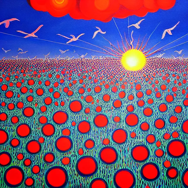 Prompt: a beautiful painting there were many doves of peace in the nuclear explosion, by kusama miyama realistic oil painting