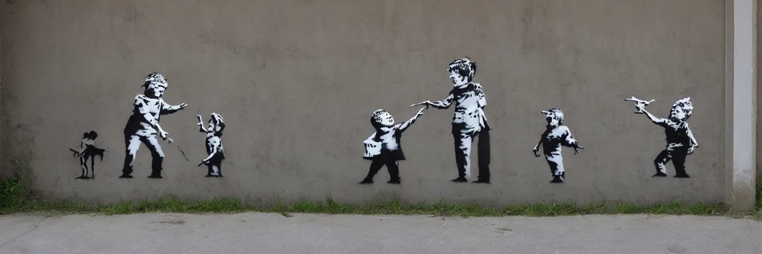 Prompt: a completely original wall mural by banksy