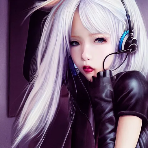 Image similar to realistic teasing detailed semirealism beautiful gorgeous cute Blackpink Lalisa Manoban white hair white cat ears blue eyes, wearing black camisole outfit, headphones, black leather choker full HD 4K high resolution quality WLOP, Aztodio, Taejune Kim, Guweiz, Pixiv, Instagram, Artstation