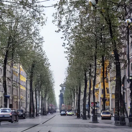 Image similar to Saint-Petersburg main street has trees and tram but without any car