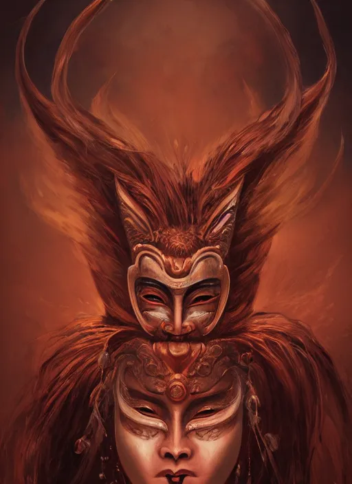 Image similar to a beautiful detailed oil on copper art illustration of a japanese oni kitsune mask devil woman, the mask is broken, centered, by charlie bowater, zeng fanzh, trending on artstation, dim dusk lighting, cinematic lighting, detailed lighting, volumetric lighting, realistic, f 8, 4 k hd wallpaper