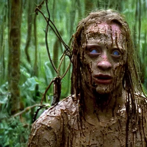 Image similar to cinematic still of macaulay culkin, covered in mud and watching a predator in a swamp in 1 9 8 7 movie predator, hd, 4 k