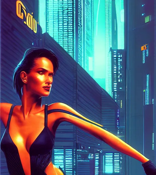 Image similar to cable plugged in, side of head, very very beautiful woman, cyberdeck computer terminal, street level night city, 1 9 7 9 omni magazine cover, style by vincent di fate, artgerm, cyberpunk 2 0 7 7, very coherent, detailed, 4 k resolution, unreal engine, daz