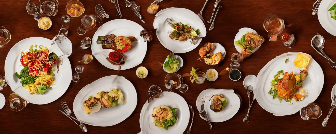 Prompt: Full-Course Serving Plate Dinner in five-star restaurant. Promotional Advertisement Photo.