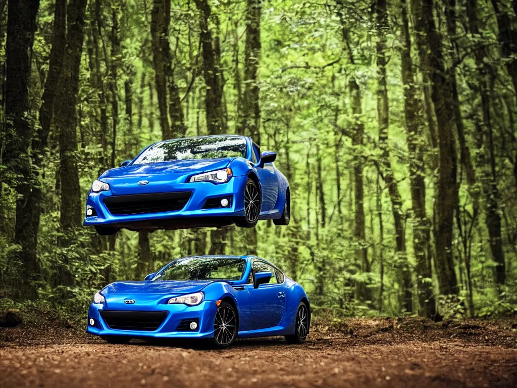 Prompt: cinematic still of one subaru brz in a forest by studio ghibli