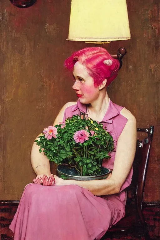 Prompt: a portrait of a woman!! by norman rockwell!!! pink hair! pronouns pin!!! pretty face! lamp light, plants background!