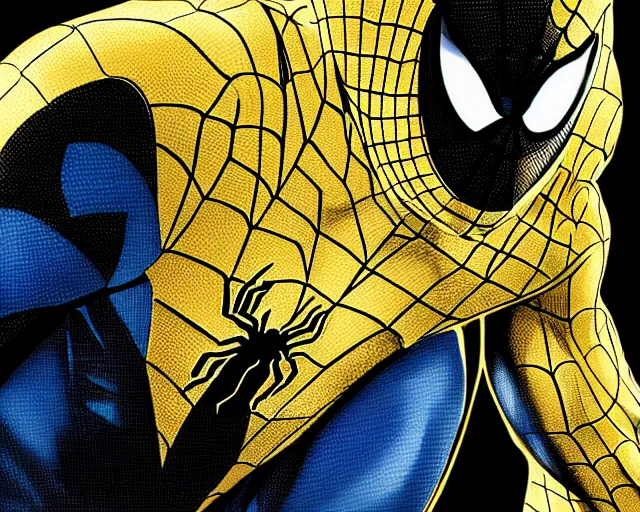 Image similar to photorealistic sketch of black spider - man with gold webbing