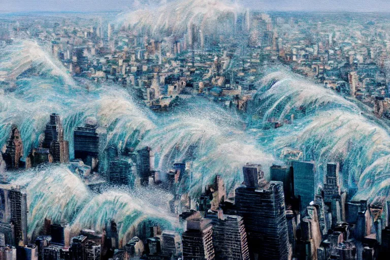 Image similar to tsunami crashing over manhattan, bird's eye view, wide shot, cinematic, realistic painting