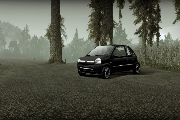 Image similar to screenshot of 1990's Renault twingo in skyrim, dark, moody, medieval