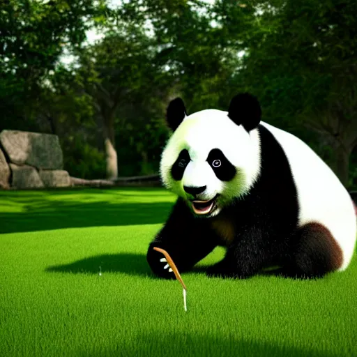 Image similar to a panda mowing the lawn, cinematic, ray traced, octane render, cinematic lighting, ultrarealistic, featured on artstation, 8 k uhd artwork