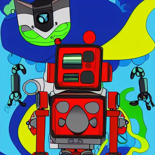 Image similar to a cartoon robot with a cat sitting on top of it, vector art by Ken Sugimori, featured on deviantart, toyism, greeble, 2d game art, sci-fi