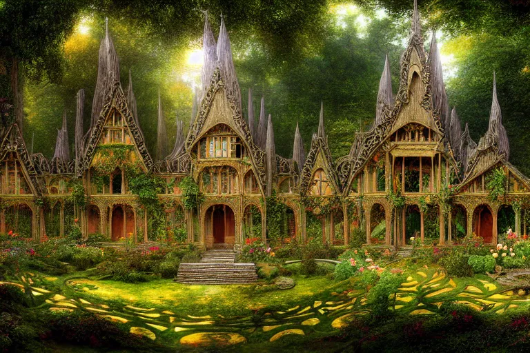 Prompt: a beautiful and highly detailed digital painting of an elven palace in a beautiful garden in a mystical forest, nargothrond, psychedelic patterns, celtic designs, intricate details, epic scale, cgsociety, 8 k, sharp focus, hyperrealism, by caspar friedrich, albert bierstadt, james gurney, brian froud,