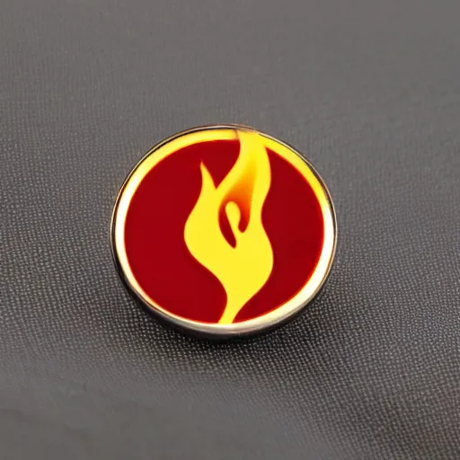 Image similar to a diamond enamel pin of a retro minimalistic fire flames warning label, smooth curves