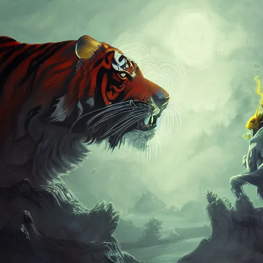 Image similar to A Wizard battling a Tiger by R.J. Palmer; by Anato Finnstark