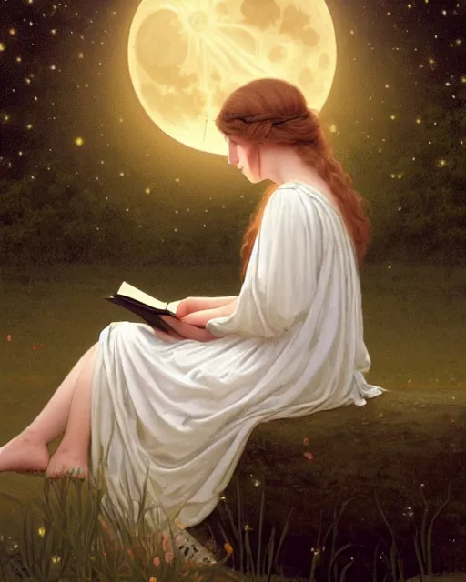 Image similar to a girl in white nightgown reading a book by the river, a full moon on the horizon, dark starry sky, golden orbs and fireflies, illustration, dramatic lighting, art nouveau, highly detailed face, 8 k, hd, by edmund blair leighton, brom, charlie bowater, trending on artstation, faces by tom bagshaw, sargent