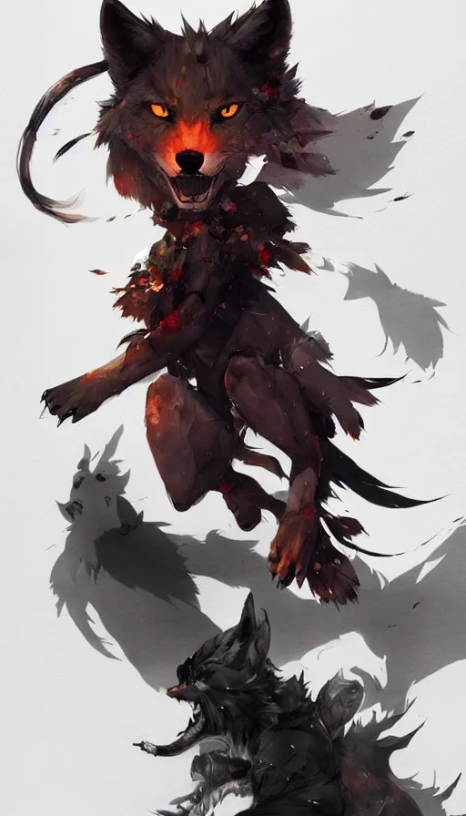 Image similar to concept art of anthropomorphized wolf fullbody, night themed, highly detailed painting by dustin nguyen, akihiko yoshida, greg tocchini, 4 k, trending on artstation, 8 k