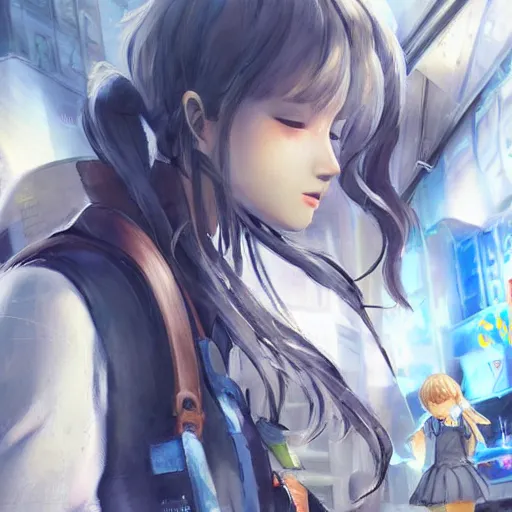 Image similar to dynamic composition, motion, ultra-detailed, incredibly detailed, a lot of details, amazing fine details and brush strokes, colorful and grayish palette, smooth, HD semirealistic anime CG concept art digital painting, watercolor oil painting of Clean and detailed post-cyberpunk sci-fi close-up schoolgirl in asian city in style of cytus and deemo, blue flame, relaxing, calm and mysterious vibes,, by a Chinese artist at ArtStation, by Huang Guangjian, Fenghua Zhong, Ruan Jia, Xin Jin and Wei Chang. Realistic artwork of a Chinese videogame, gradients, gentle an harmonic grayish colors. set in half-life 2, Matrix, GITS, Blade Runner, Neotokyo Source, Syndicate(2012), dynamic composition, beautiful with eerie vibes, very inspirational, very stylish, with gradients, surrealistic, dystopia, postapocalyptic vibes, depth of field, mist, rich cinematic atmosphere, perfect digital art, mystical journey in strange world